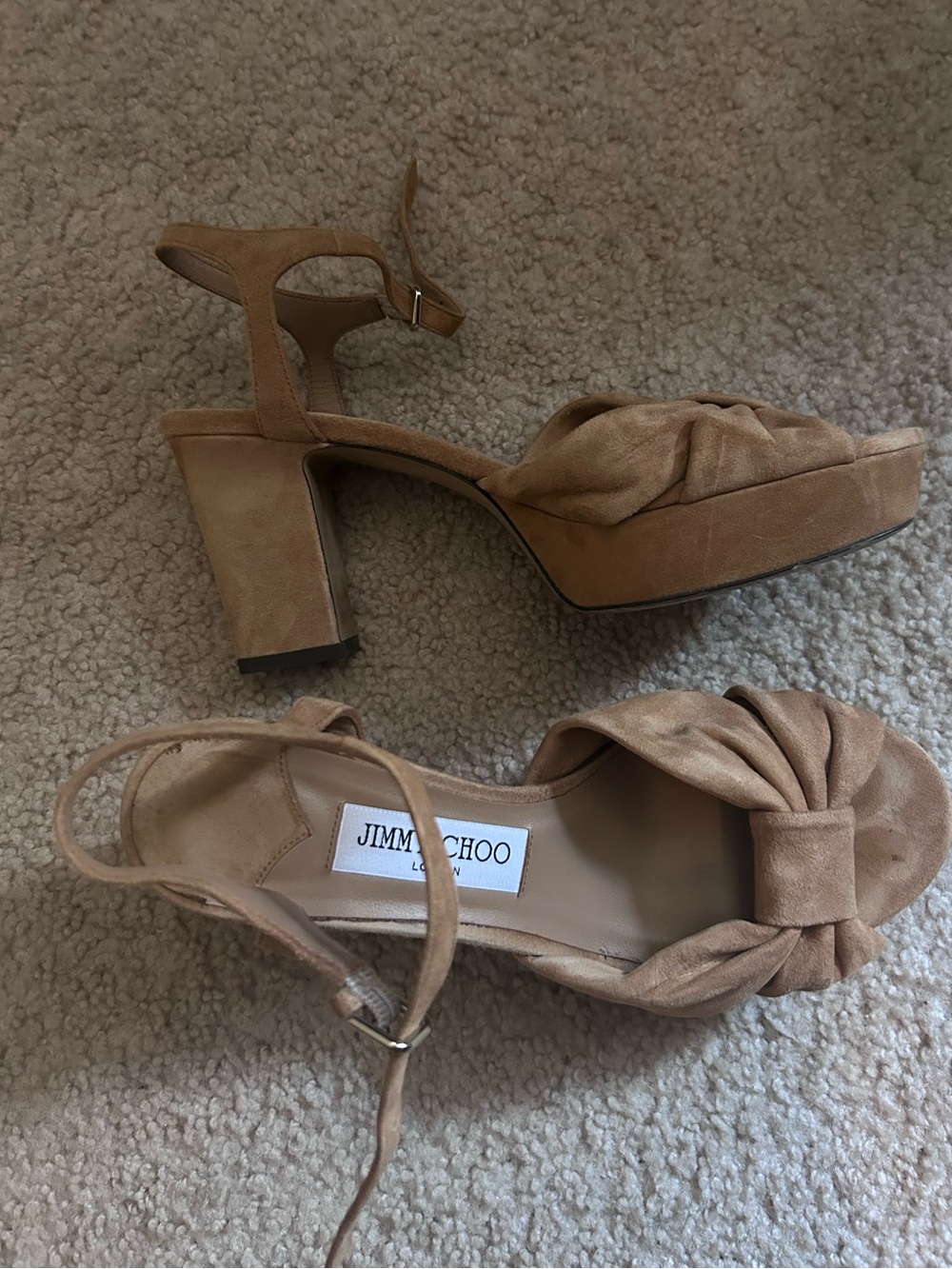 Jimmy Choo Tan Suede Knot Heloise 85 Platform Sandals Size 38